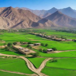 A beautiful panoramic view of the rural landscape in Pakistan, showcasing lush green fields, traditional houses, and a clear blue sky