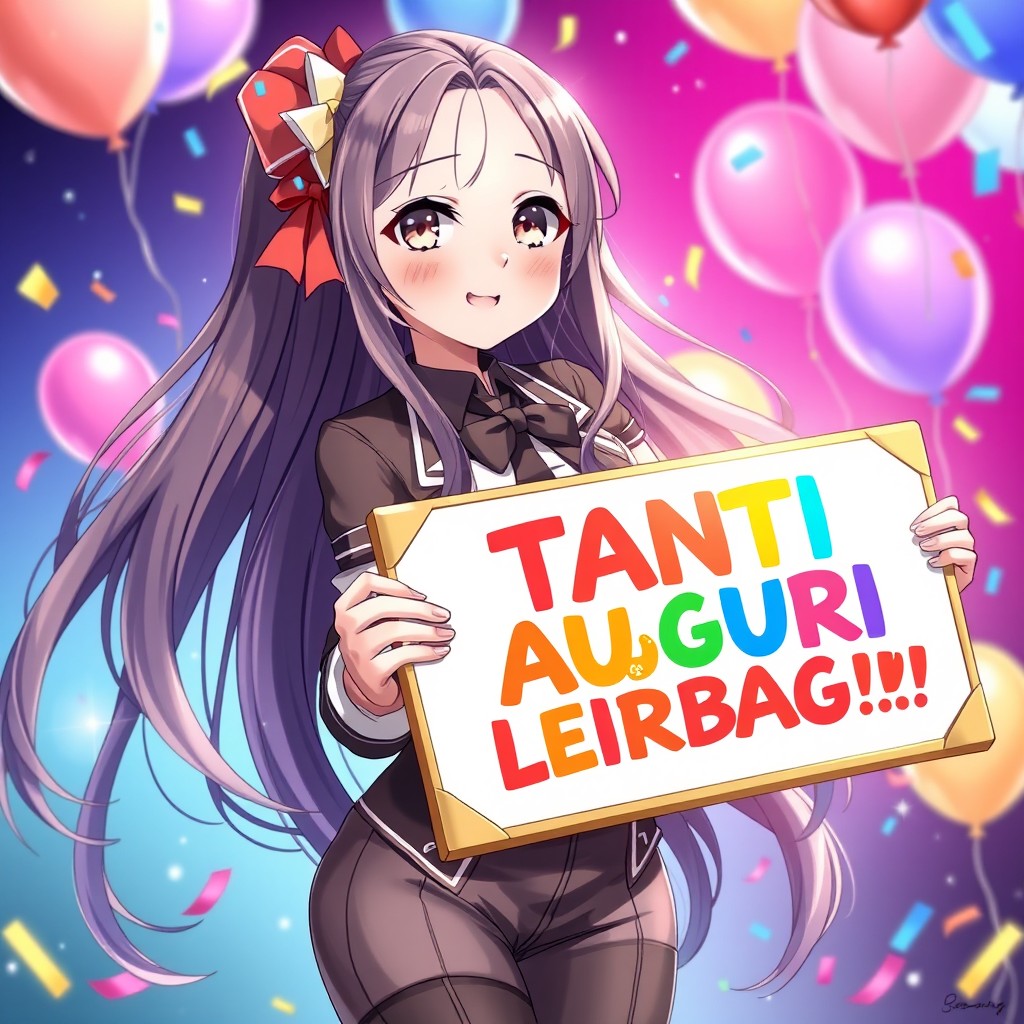 A stunning anime waifu with long flowing hair, wearing a stylish outfit, holding a colorful sign that says 'TANTI AUGURI LEIRBAG!!!' in bold letters