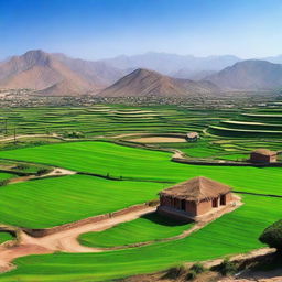 A beautiful panoramic view of the rural landscape in Pakistan, showcasing lush green fields, traditional houses, and a clear blue sky