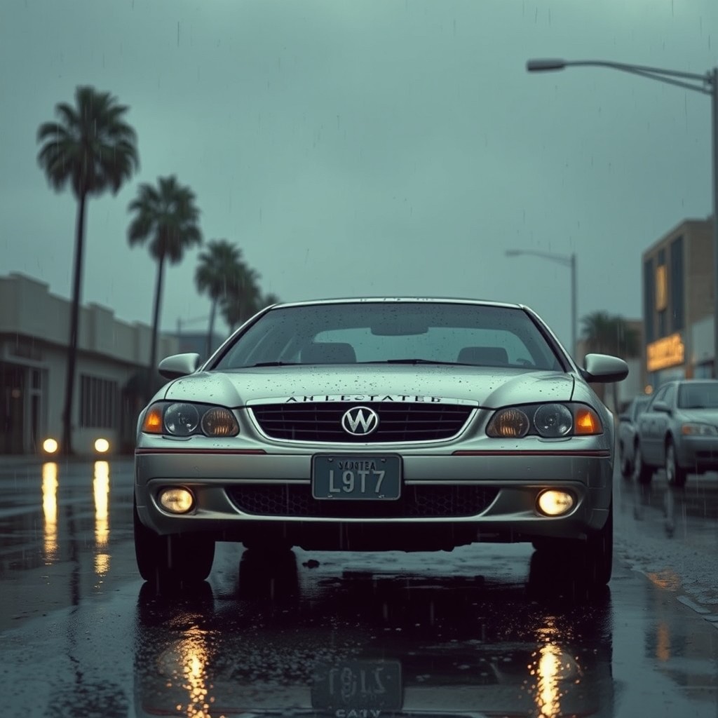A rainy scene in 1970 Los Angeles, featuring a silver 2008 Vectra Elegance car with LED headlights