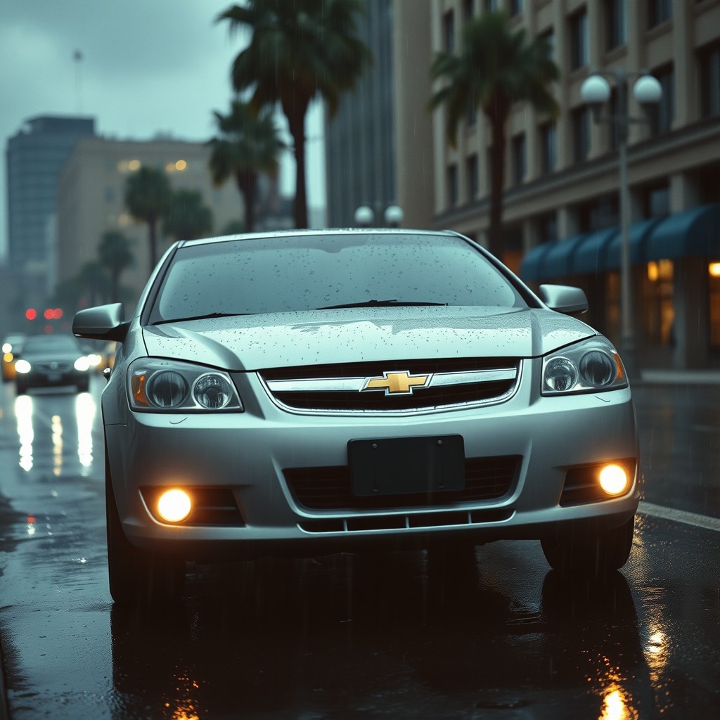 A rainy scene in 1970 Los Angeles, featuring a silver 2008 Chevrolet Vectra Elegance with LED headlights