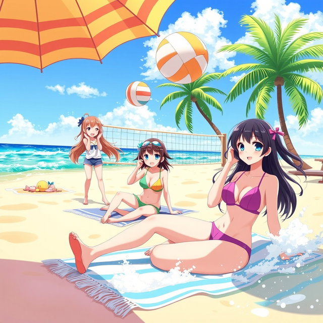 A vibrant and colorful beach scene featuring anime-style girls enjoying a sunny day at the beach