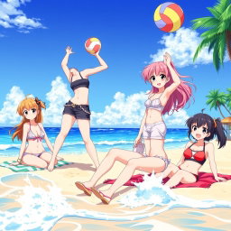 A vibrant and colorful beach scene featuring anime-style girls enjoying a sunny day at the beach