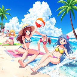 A vibrant and colorful beach scene featuring anime-style girls enjoying a sunny day at the beach