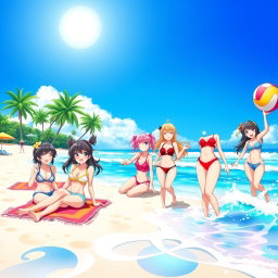 A vibrant and colorful beach scene featuring anime-style girls enjoying a sunny day at the beach