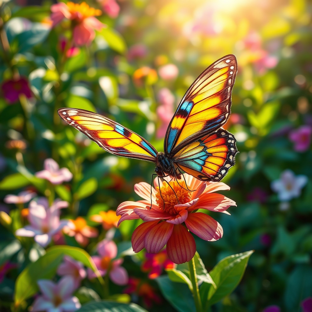 A beautifully detailed mariposa (butterfly) with vibrant colors, perched delicately on a fragrant flower
