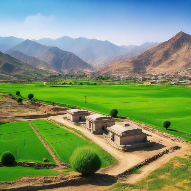 A beautiful panoramic view of the rural landscape in Pakistan, showcasing lush green fields, traditional houses, and a clear blue sky