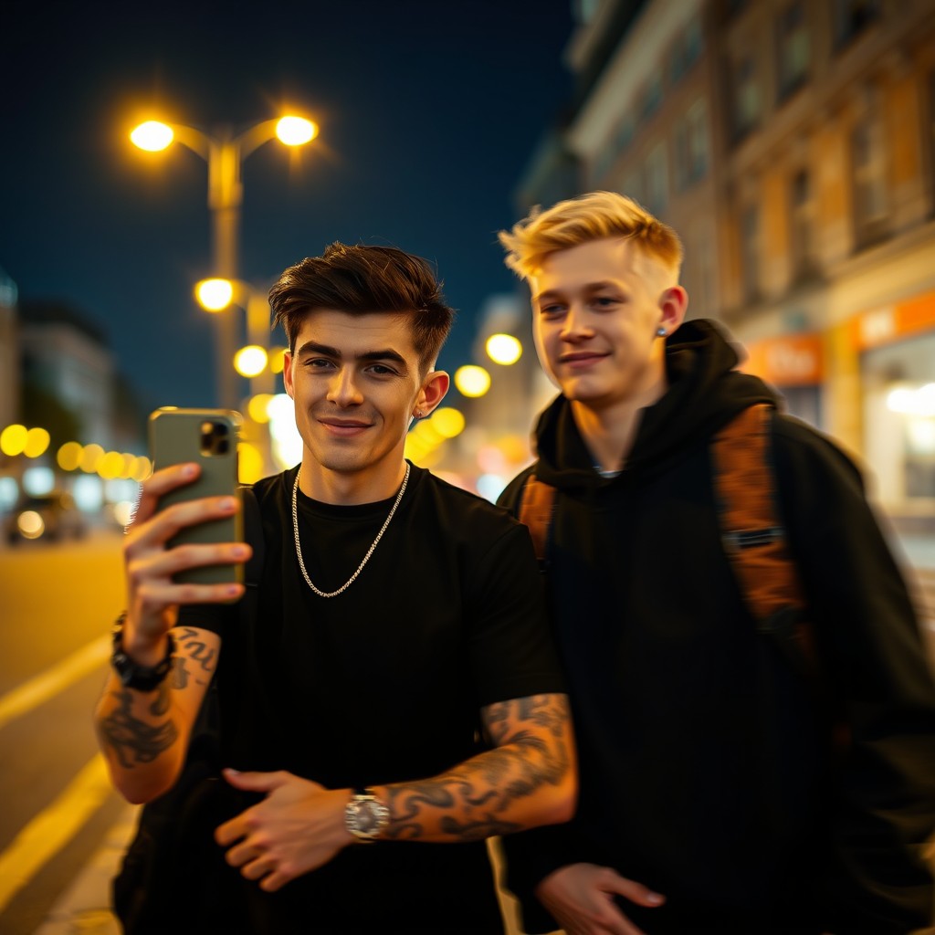 A blurry nighttime photo featuring two boys walking together on a city street