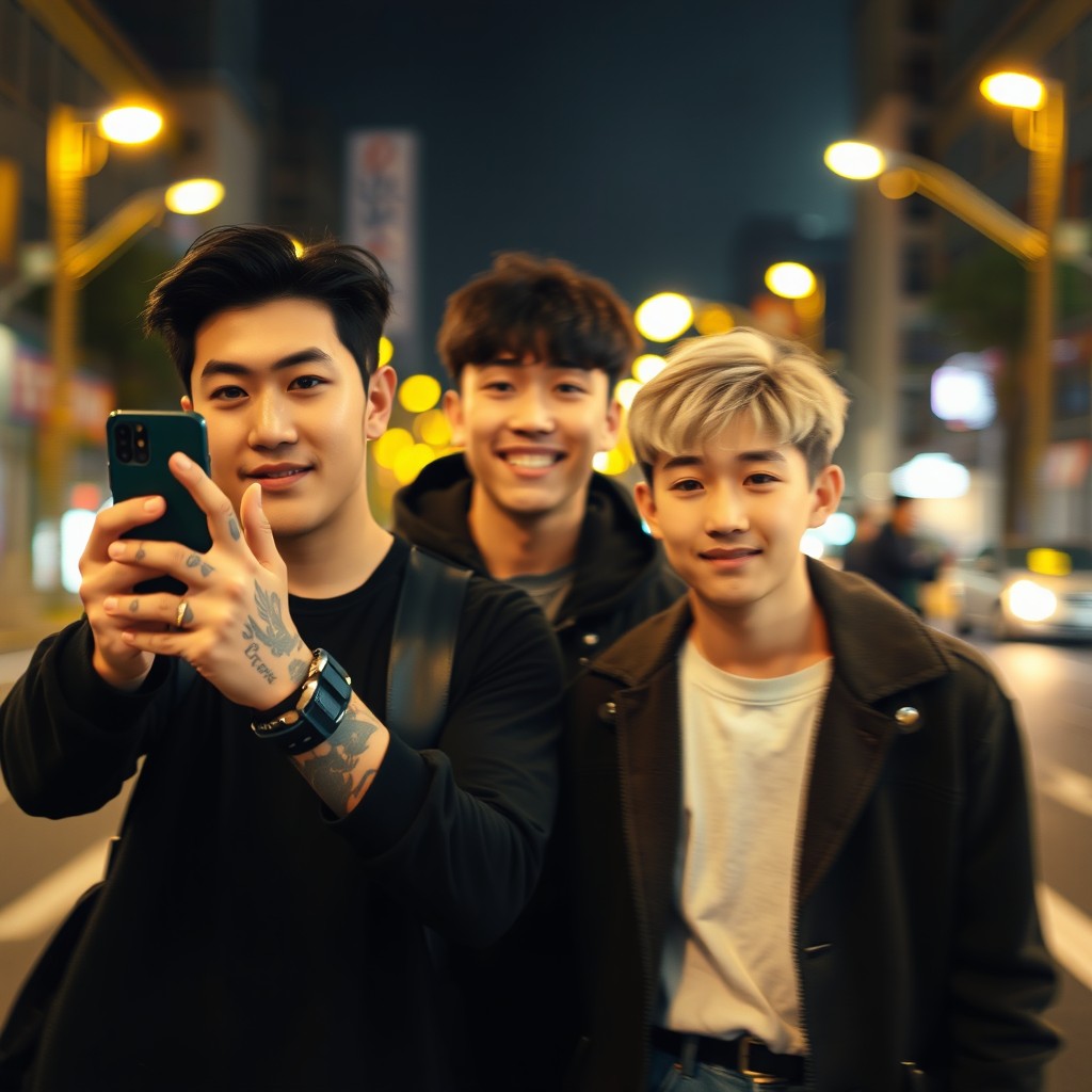 A blurry nighttime photo featuring two Korean boys walking together on a city street
