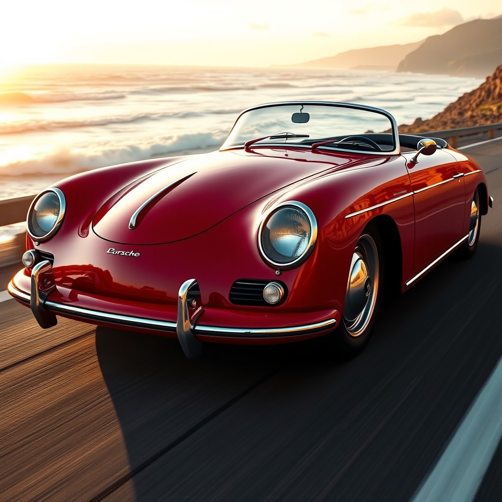A sporty car inspired by the classic Porsche 356, featuring a sleek, aerodynamic body, glossy vintage red paint, retro round headlights, and stylish chrome accents