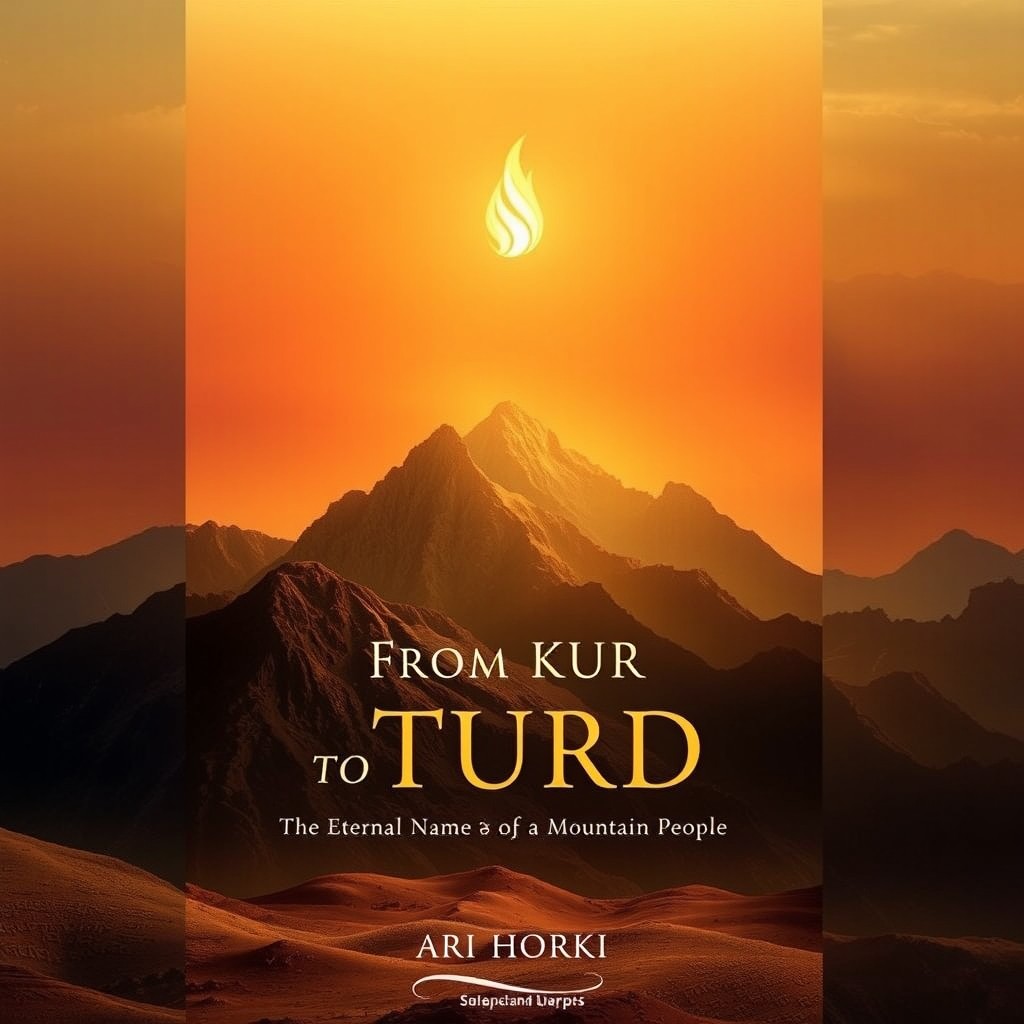 A majestic and timeless book cover for a scholarly historical and linguistic work titled “From KUR to KURD: The Eternal Name of a Mountain People” by Ari Horki