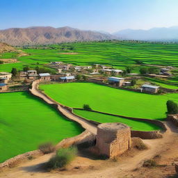 A beautiful panoramic view of the rural landscape in Pakistan, showcasing lush green fields, traditional houses, and a clear blue sky