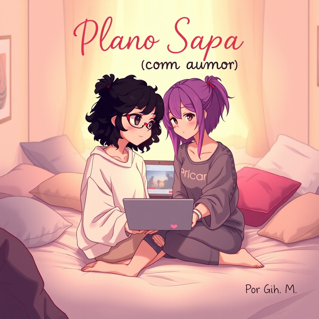 Two teenage girls in an anime style sitting on a bed