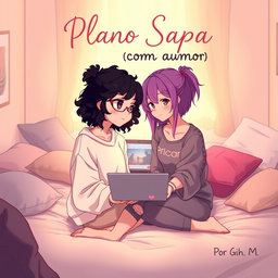 Two teenage girls in an anime style sitting on a bed
