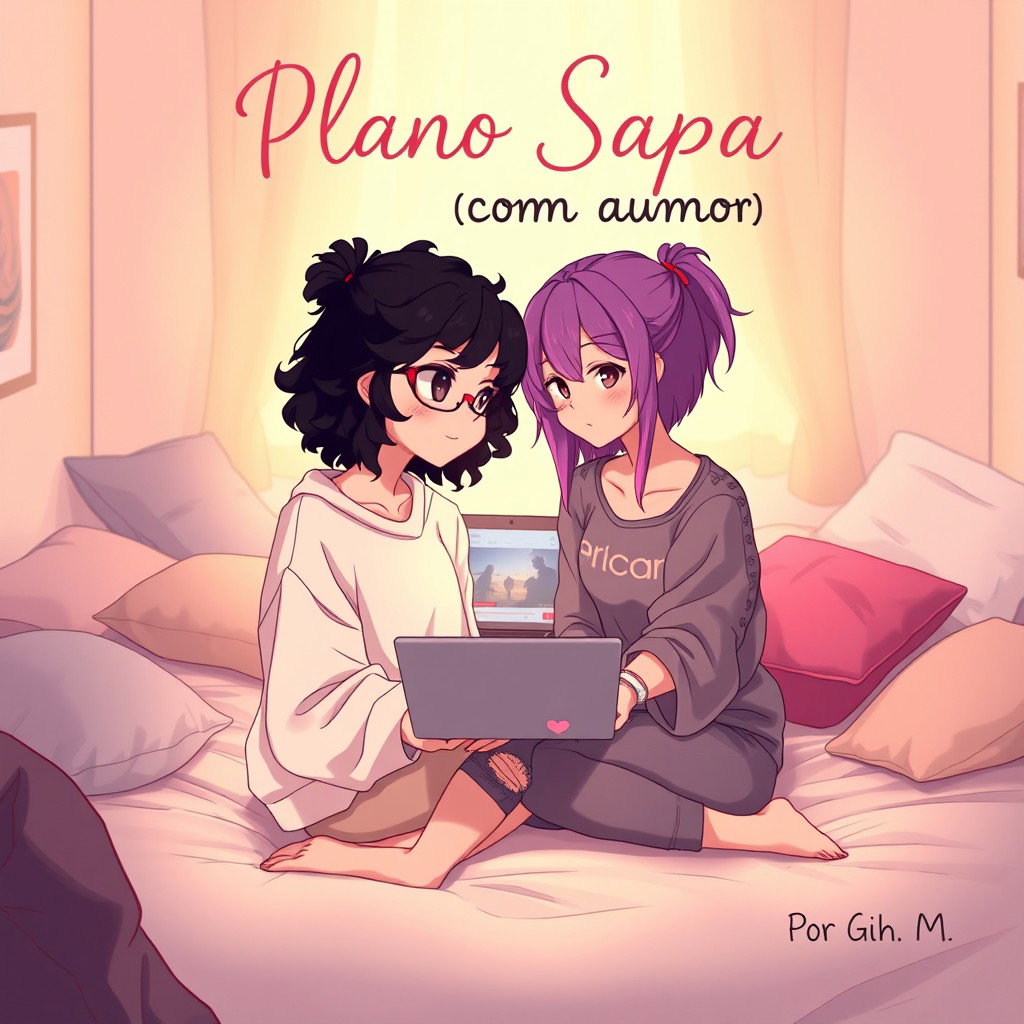 Two teenage girls in an anime style sitting on a bed