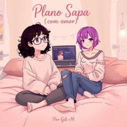 Two teenage girls in an anime style sitting on a bed