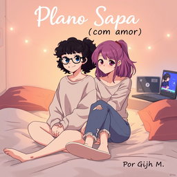 Two teenage girls in an anime style sitting on a bed