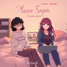 Two teenage girls in an anime style sitting on a bed