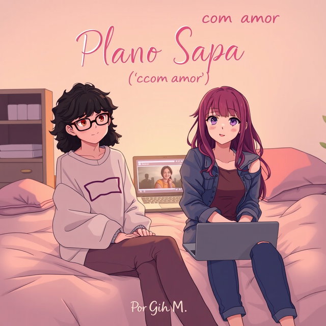 Two teenage girls in an anime style sitting on a bed