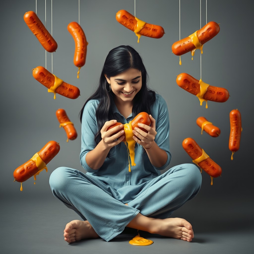 A young Pakistani woman, 18 years old, sitting criss-cross with a bright smile and her eyes closed, holding a cheesy kielbasa like a newborn baby in her arms