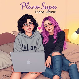 Two adolescents aged 17 and 19 in a cozy room, one with dark curly hair wearing glasses and a sweatshirt embodying 'Isis vibes', and the other with brightly dyed hair and an edgier style in ripped jeans representing 'Aria'