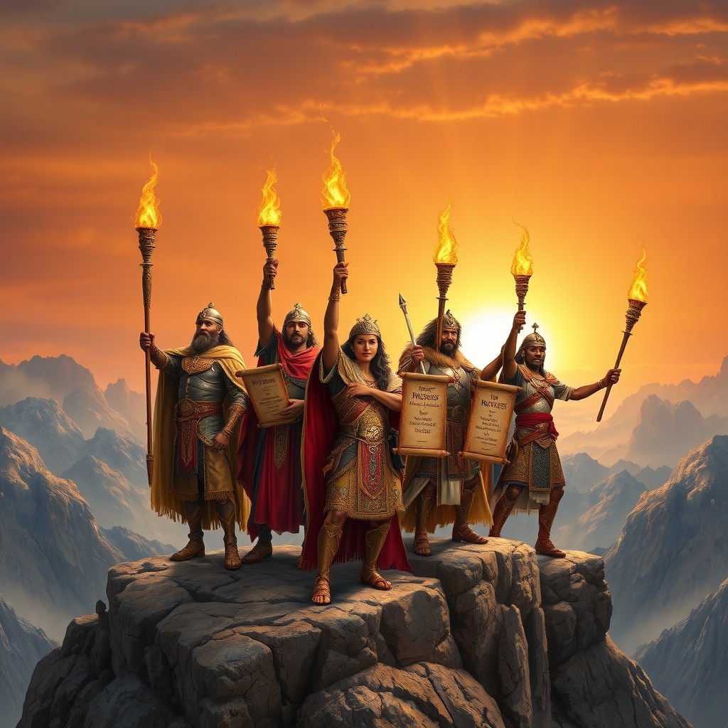 A diverse group of warriors of light standing majestically on rocky mountain peaks, each representing different continents