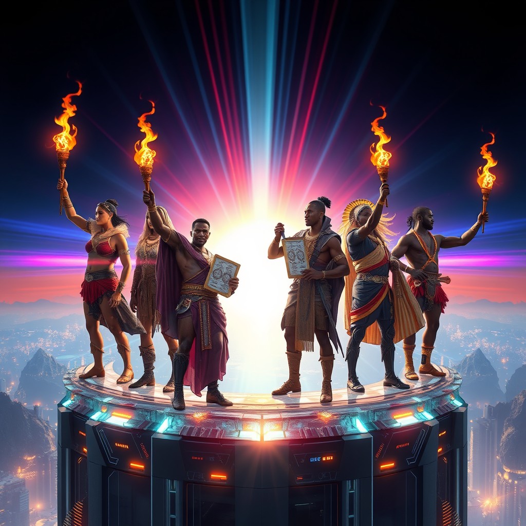Modern warriors of light from diverse continents—Africa, Asia, Europe, and the Americas—stand confidently on futuristic glass or metal platforms atop high-tech skyscrapers or digital mountains