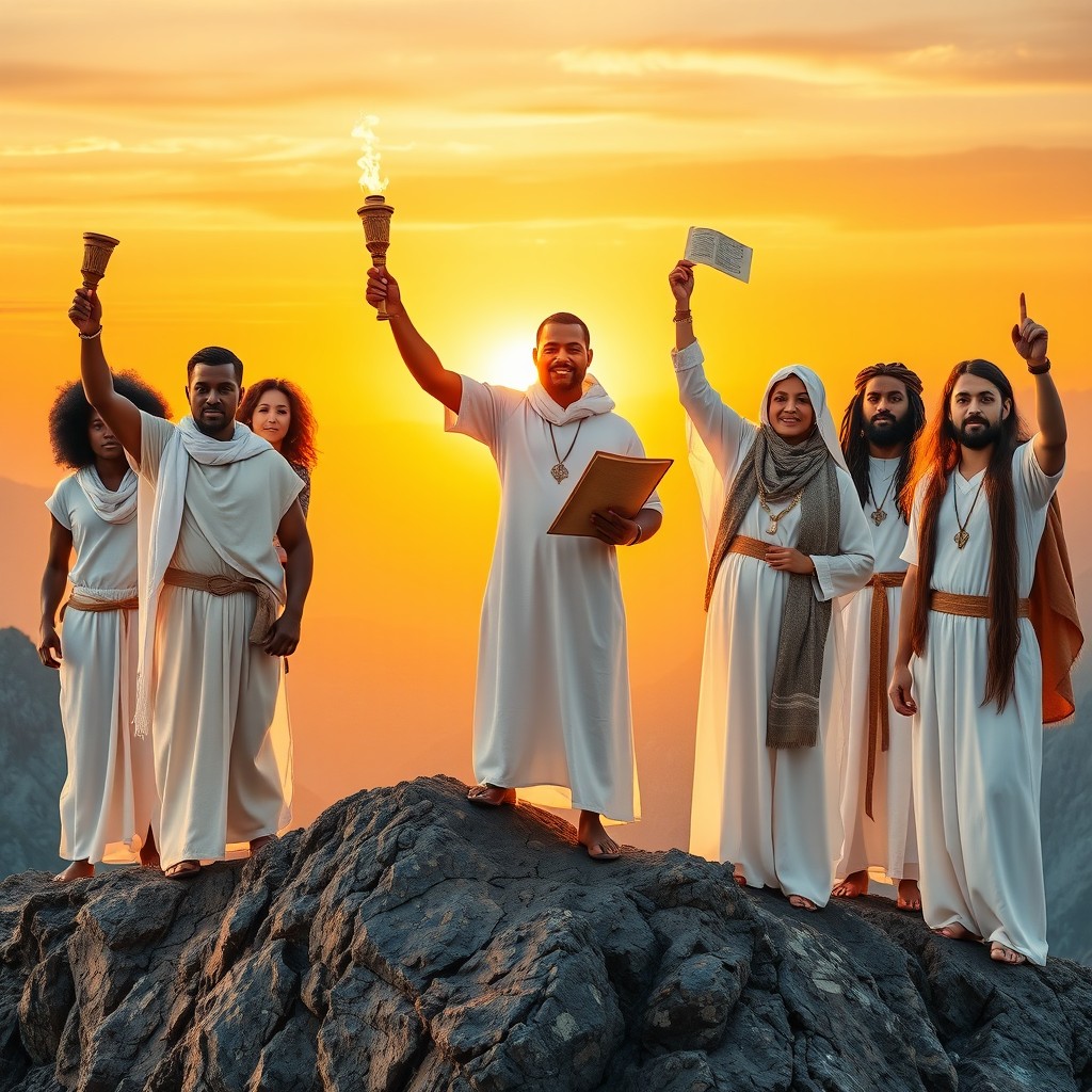 Real people from different continents including Afro-descendants, Asians, Middle Easterners, Latinos, and Europeans, standing triumphantly on majestic mountain peaks at dawn