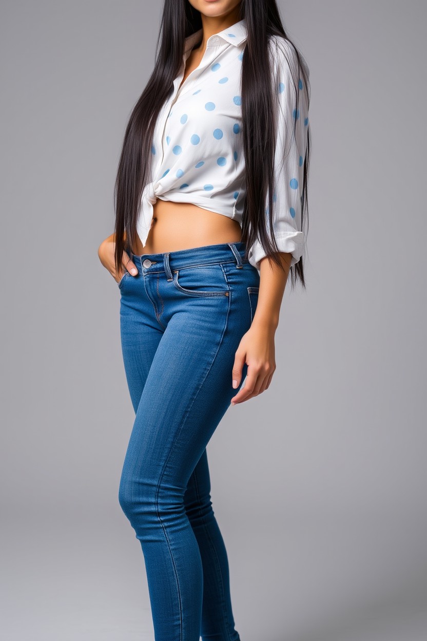 A full view of a stylish 34-year-old woman with long black hair, confidently standing