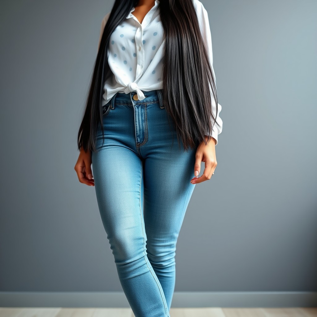 A full view of a fashionable 34-year-old woman with long black hair, confidently posing