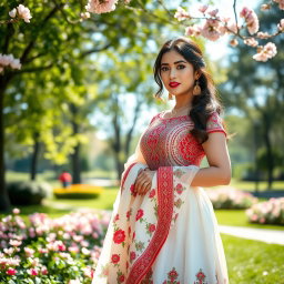A beautiful woman wearing a traditional paranja, featuring intricate embroidery and vibrant colors