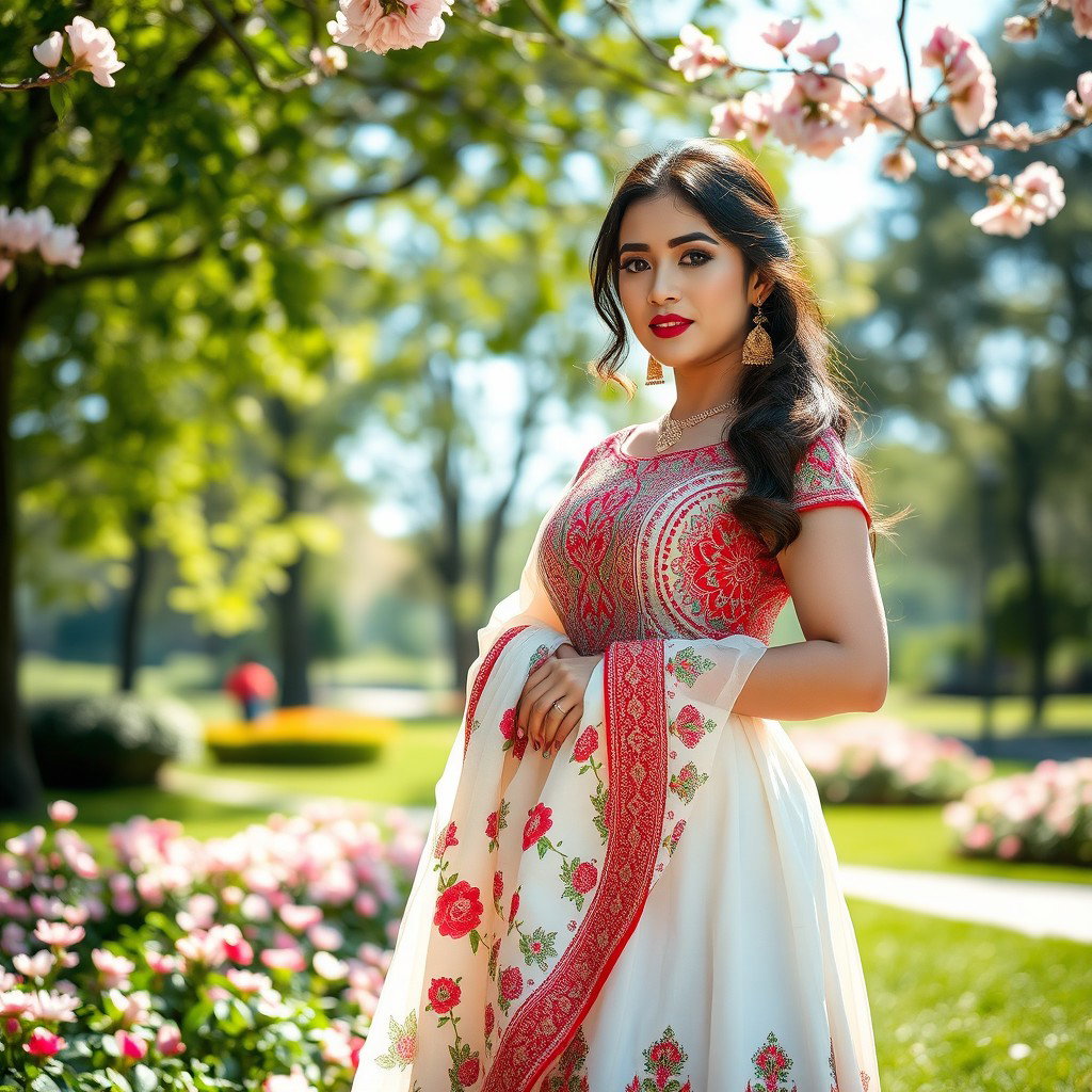 A beautiful woman wearing a traditional paranja, featuring intricate embroidery and vibrant colors