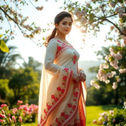 A beautiful woman wearing a traditional paranja, featuring intricate embroidery and vibrant colors
