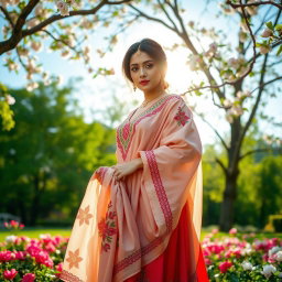 A beautiful woman wearing a traditional paranja, featuring intricate embroidery and vibrant colors
