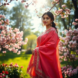 A beautiful woman wearing a traditional paranja, featuring intricate embroidery and vibrant colors