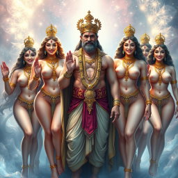 A handsome king with ornate royal clothing, strategically covering his private areas, surrounded by a group of beautiful, smiling divine goddesses