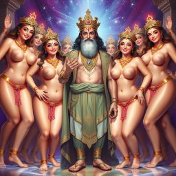 A handsome king with ornate royal clothing, strategically covering his private areas, surrounded by a group of beautiful, smiling divine goddesses