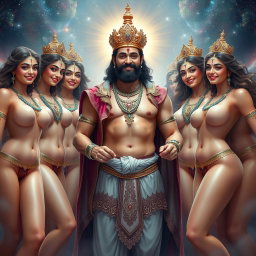 A handsome king with ornate royal clothing, strategically covering his private areas, surrounded by a group of beautiful, smiling divine goddesses