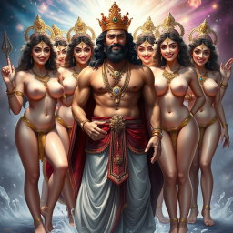 A handsome king with ornate royal clothing, strategically covering his private areas, surrounded by a group of beautiful, smiling divine goddesses