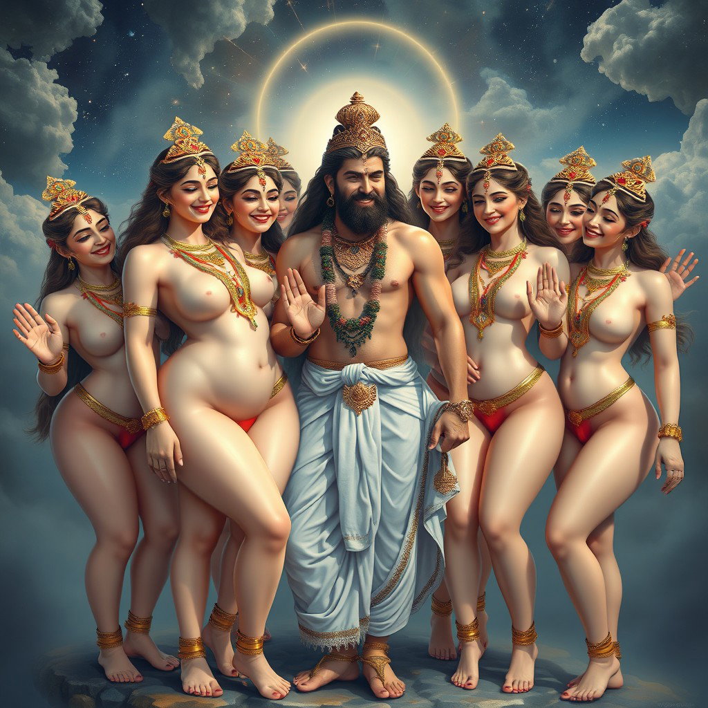 A handsome divine figure, with intricate clothing that delicately covers his private areas, engaged with a group of beautiful, smiling goddesses