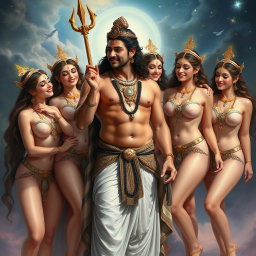 A handsome divine figure, with intricate clothing that delicately covers his private areas, engaged with a group of beautiful, smiling goddesses