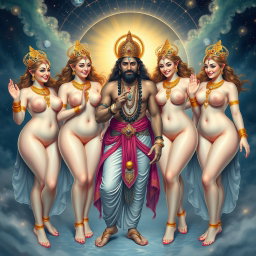 A handsome divine figure, with intricate clothing that delicately covers his private areas, engaged with a group of beautiful, smiling goddesses