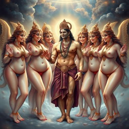 A handsome divine figure, with intricate clothing that delicately covers his private areas, engaged with a group of beautiful, smiling goddesses