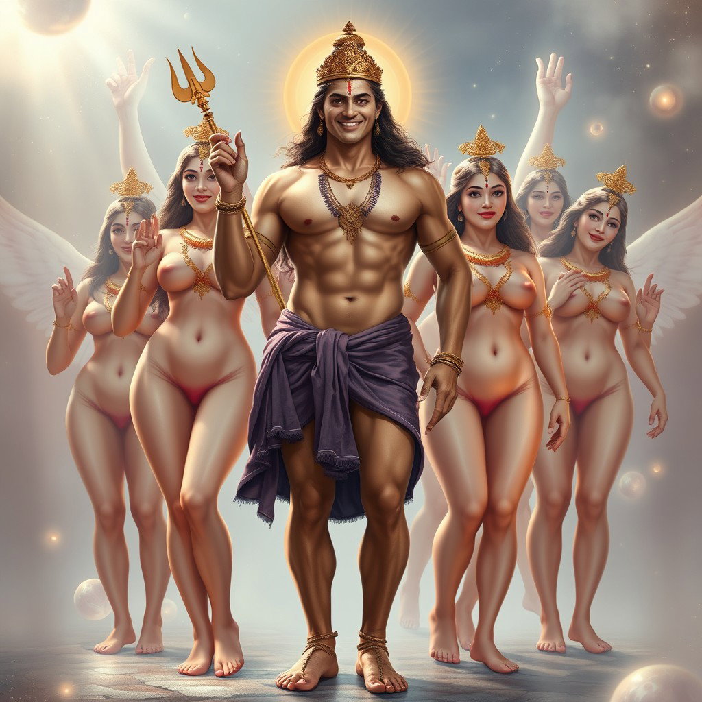 A striking portrayal of a handsome divine male deity, partially clothed with fabric strategically covering his private parts, smiling charmingly