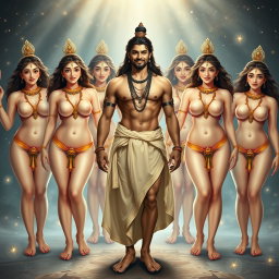 A striking portrayal of a handsome divine male deity, partially clothed with fabric strategically covering his private parts, smiling charmingly