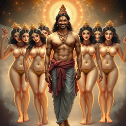 A striking portrayal of a handsome divine male deity, partially clothed with fabric strategically covering his private parts, smiling charmingly