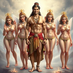 A striking portrayal of a handsome divine male deity, partially clothed with fabric strategically covering his private parts, smiling charmingly
