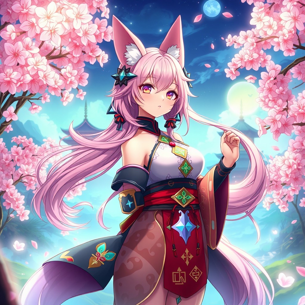 A captivating illustration of Yae Miko, the enchanting shrine maiden from Genshin Impact, depicted in a mesmerizing fantasy landscape