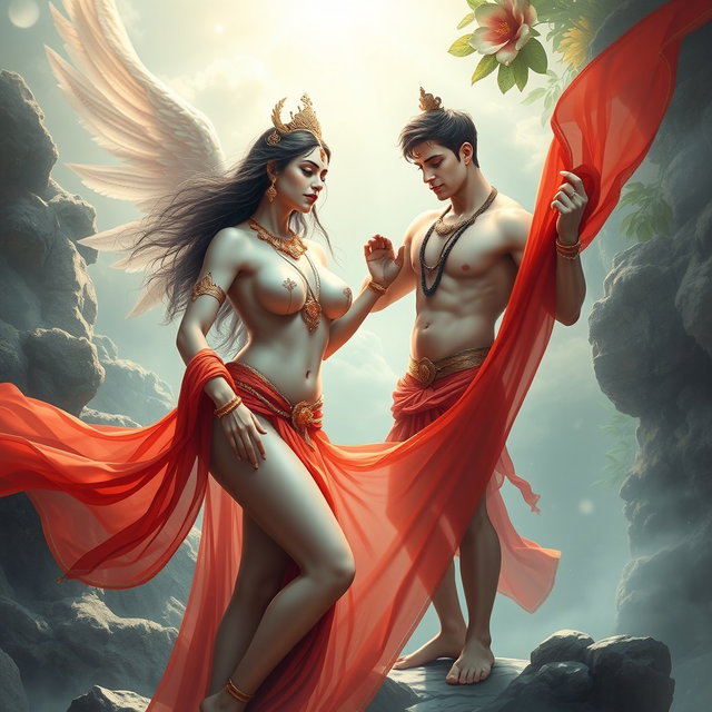 A stunning scene in a heavenly realm featuring a beautiful divine female figure inspired by the Apsaras, fully naked with voluptuous features, including big breasts and curvy thighs
