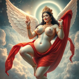 An enchanting celestial scene showcasing a divine figure, representing a beautiful devi with an alluring and captivating presence